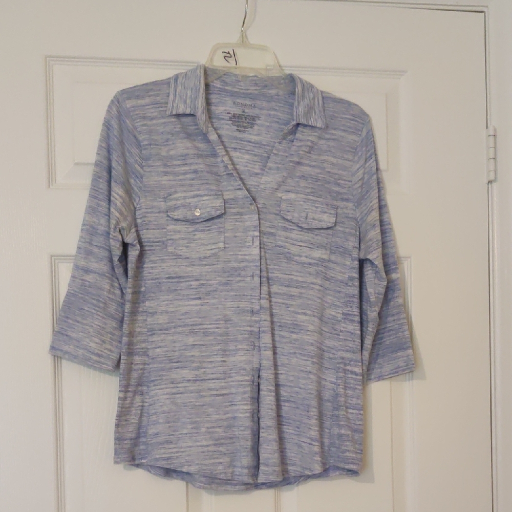 Sonoma Blue and White 3/4 Sleeve Button Down Shirt EUC